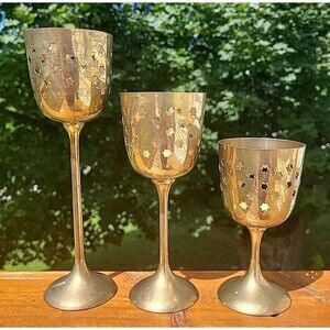 Set of 3 Graduated Size Brass Goblet Reticulated Candle Holder Sticks India
